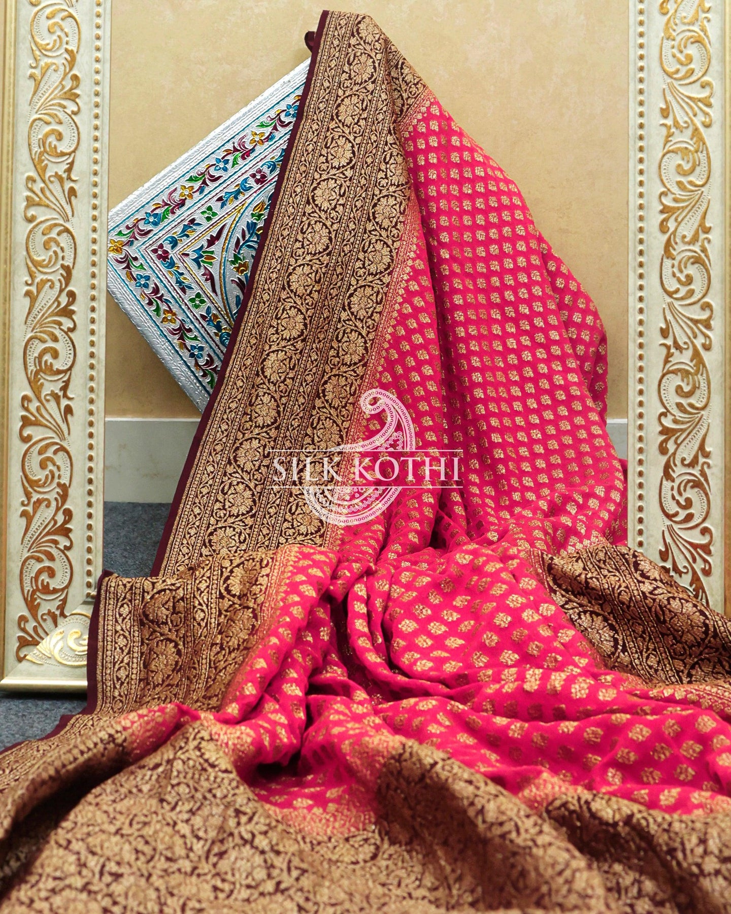 Pure Banarasi Khaddi Georgette Saree Red Color Jaal Design Hand Dyed –  Banaras Weaves