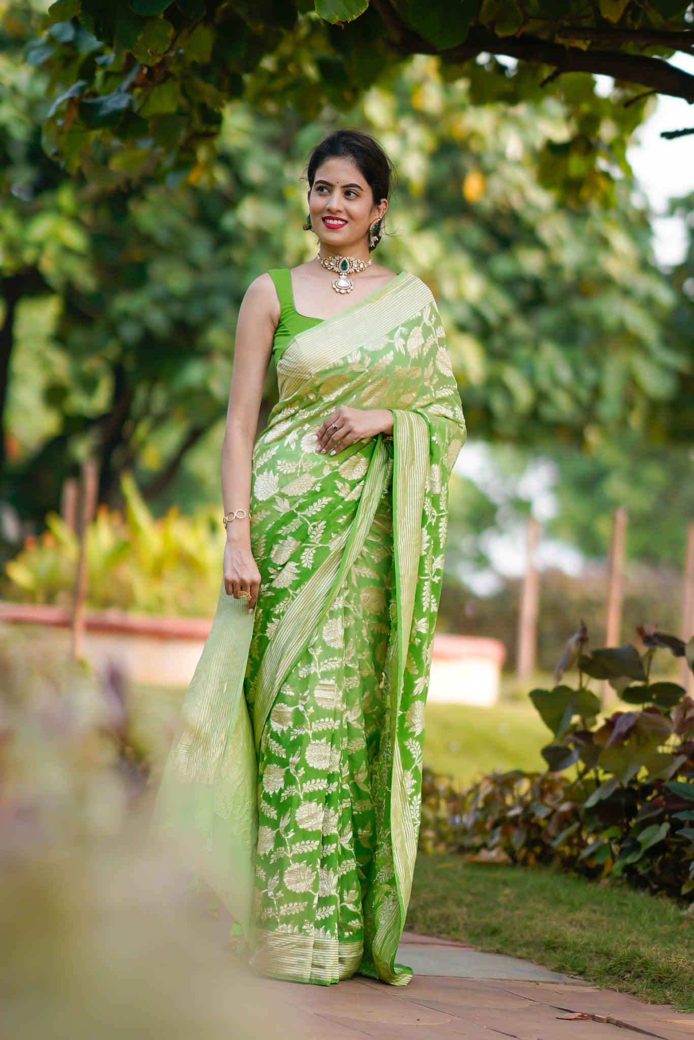 GREEN SHADED KHADDI GEORGETTE BANARASI HANDLOOM SAREE